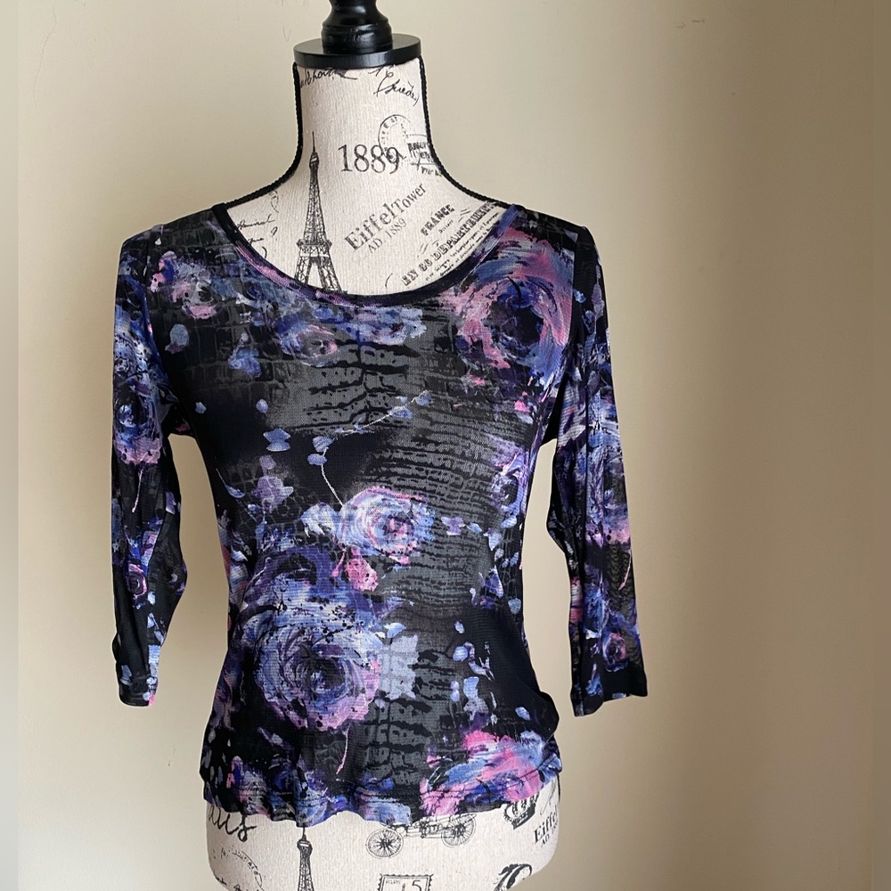 Black purple floral abstract mesh blouse Vintage 90s Y2K